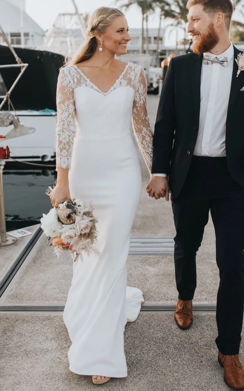 Modest Elegant Lace Satin Sheath V-neck Sweep Train Deep-V Back Wedding Dress-715956