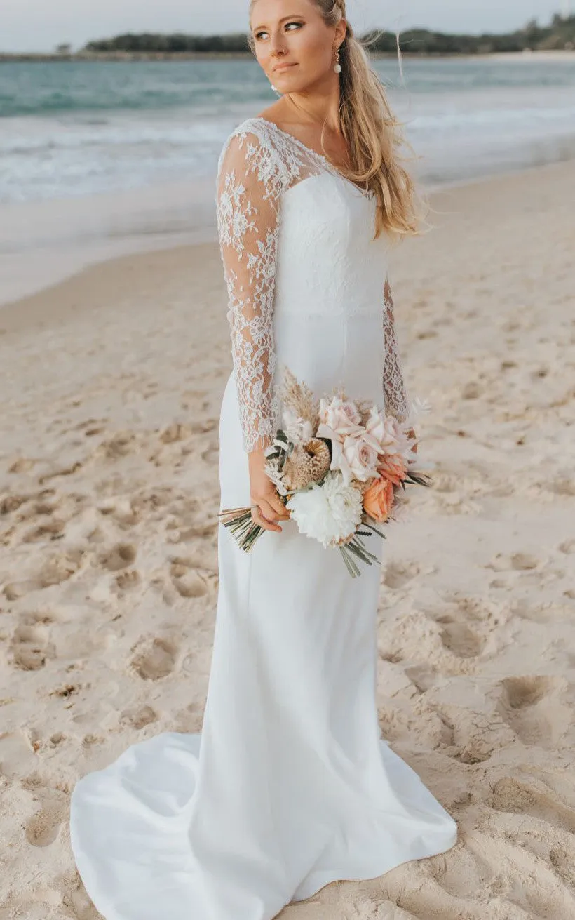 Modest Elegant Lace Satin Sheath V-neck Sweep Train Deep-V Back Wedding Dress-715956