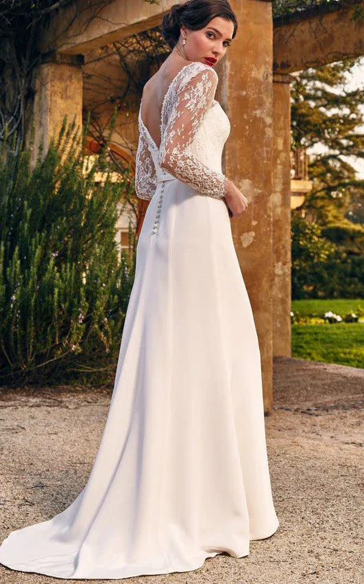 Modest Elegant Lace Satin Sheath V-neck Sweep Train Deep-V Back Wedding Dress-715956