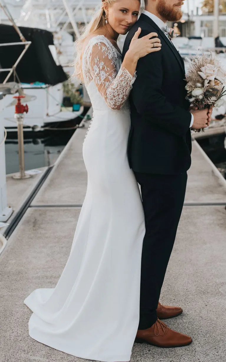 Modest Elegant Lace Satin Sheath V-neck Sweep Train Deep-V Back Wedding Dress-715956