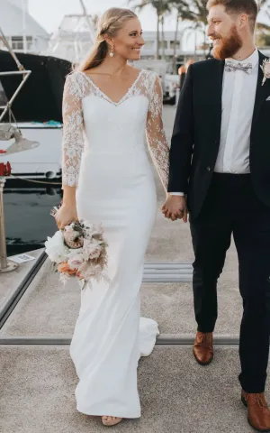Modest Elegant Lace Satin Sheath V-neck Sweep Train Deep-V Back Wedding Dress-715956