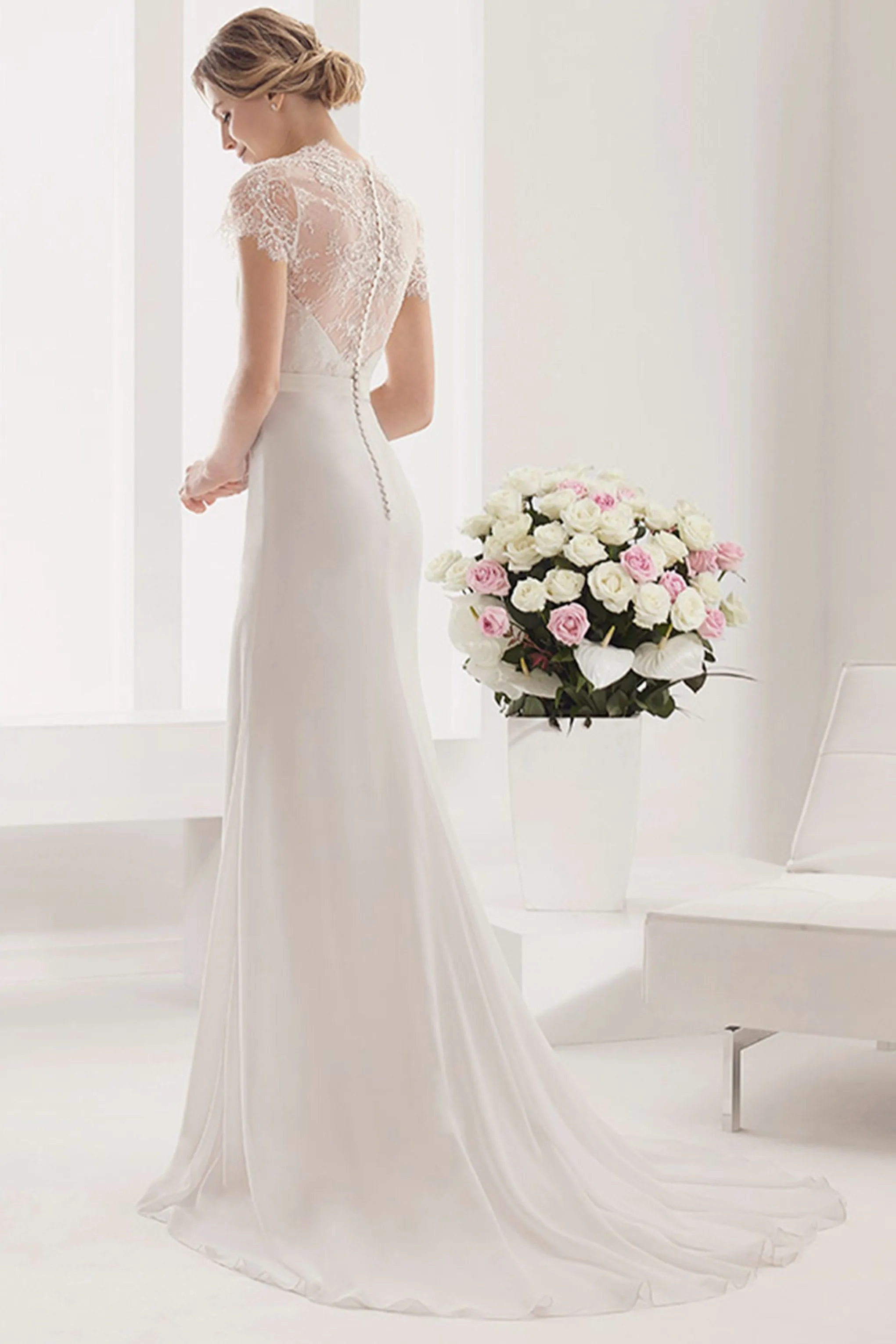 Modest Lace Short-Sleeve A-Line Long Chiffon Gown With Shiny Waist-MK_703253