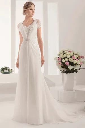Modest Lace Short-Sleeve A-Line Long Chiffon Gown With Shiny Waist-MK_703253