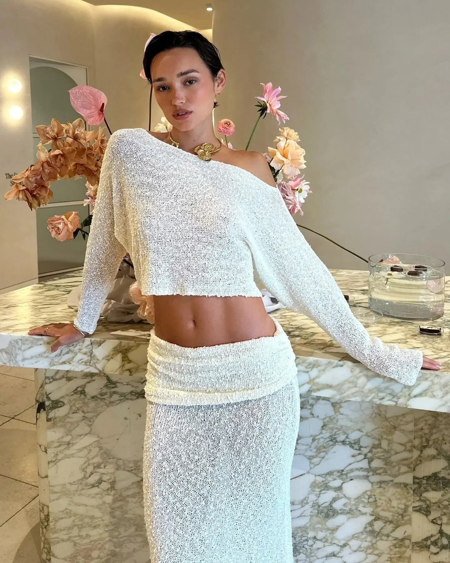 Off-the-Shoulder Pleated Knitted Dress - Womens Elegant Knit Suit
