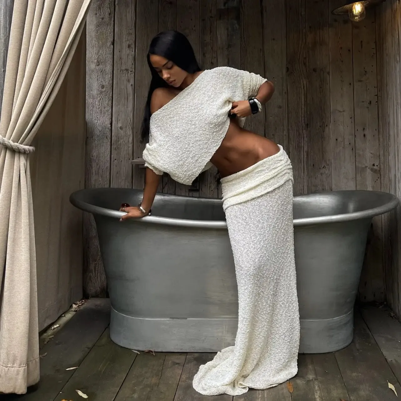 Off-the-Shoulder Pleated Knitted Dress - Womens Elegant Knit Suit