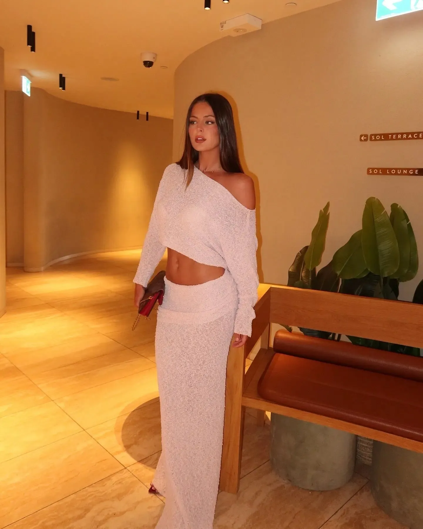 Off-the-Shoulder Pleated Knitted Dress - Womens Elegant Knit Suit