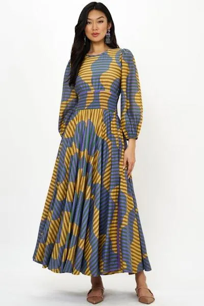 Oliphant Crew Neck Smocked Waist Maxi - Haring Saffron