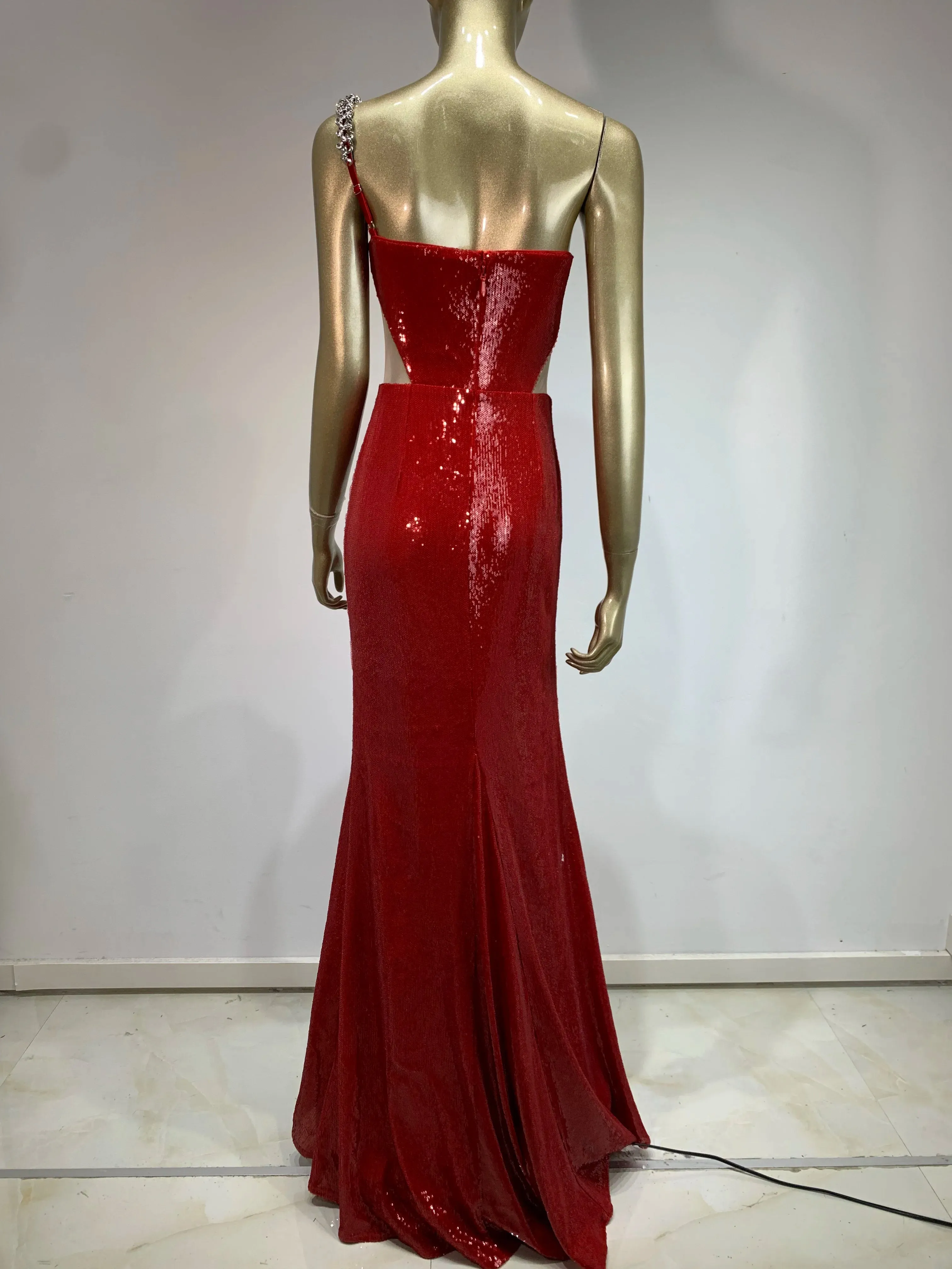 One Shoulder Cut Out Red Mesh Sequins Red Celebrity Dress