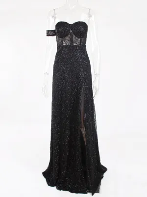 One Sleeve Strapless Long Ball Gown Split Leg Hollow Out Party Maxi Dress