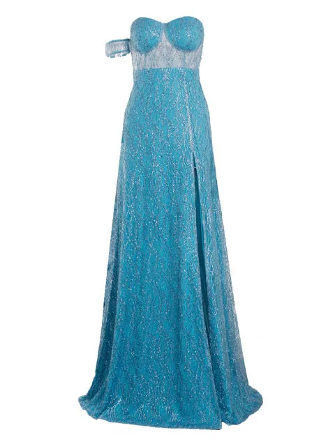 One Sleeve Strapless Long Ball Gown Split Leg Hollow Out Party Maxi Dress