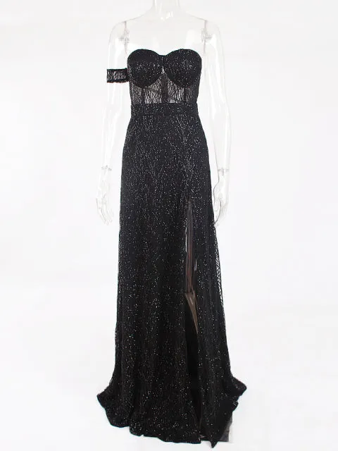 One Sleeve Strapless Long Ball Gown Split Leg Hollow Out Party Maxi Dress