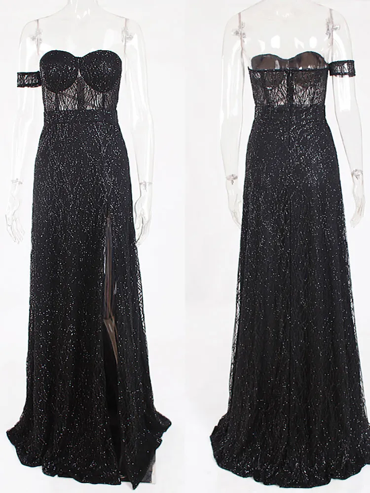 One Sleeve Strapless Long Ball Gown Split Leg Hollow Out Party Maxi Dress