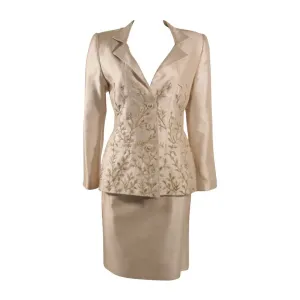 OSCAR DE LA RENTA Champagne Silk with Sage Embroidery Skirt Suit Size 10