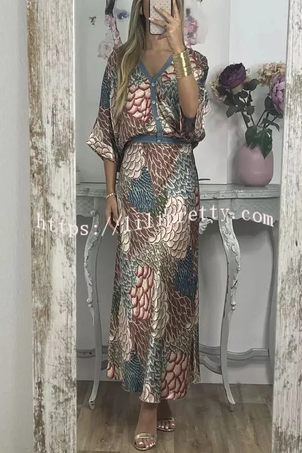 Palm Beach Satin Printed Button Wide Sleeve Shirt and Elastic Waist Maxi Skirt Set