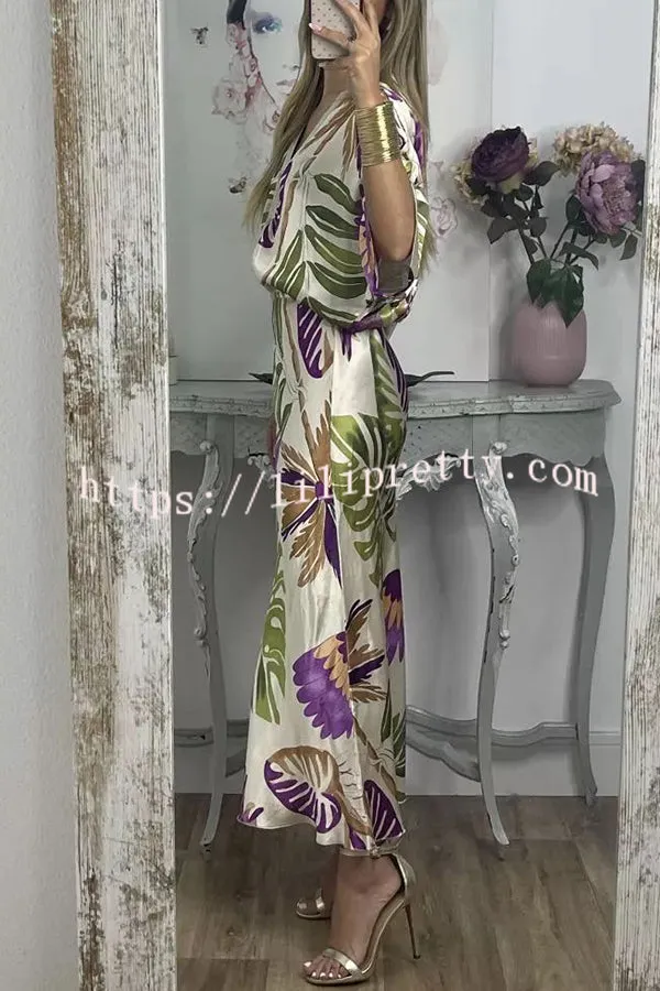 Palm Beach Satin Printed Button Wide Sleeve Shirt and Elastic Waist Maxi Skirt Set