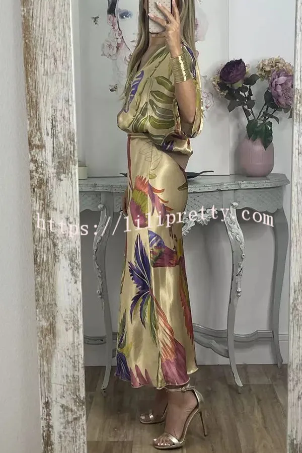 Palm Beach Satin Printed Button Wide Sleeve Shirt and Elastic Waist Maxi Skirt Set