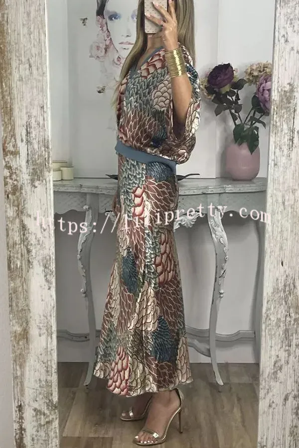 Palm Beach Satin Printed Button Wide Sleeve Shirt and Elastic Waist Maxi Skirt Set