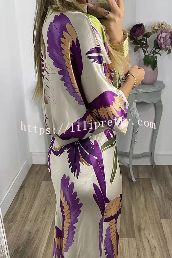Palm Beach Satin Printed Button Wide Sleeve Shirt and Elastic Waist Maxi Skirt Set