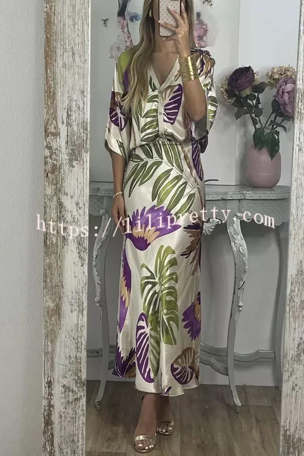 Palm Beach Satin Printed Button Wide Sleeve Shirt and Elastic Waist Maxi Skirt Set