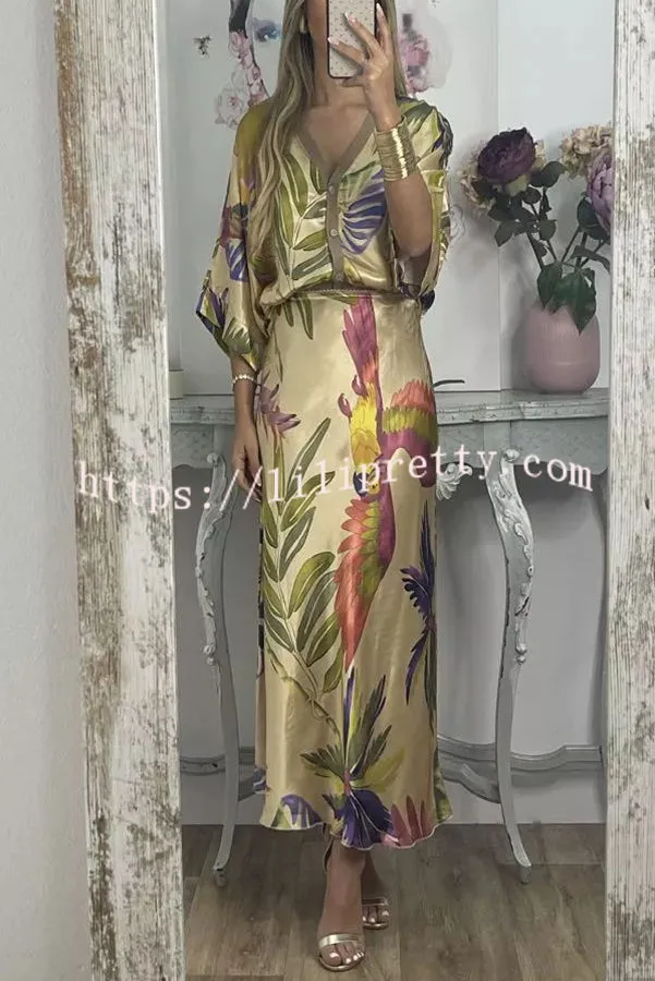Palm Beach Satin Printed Button Wide Sleeve Shirt and Elastic Waist Maxi Skirt Set