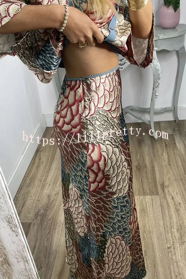 Palm Beach Satin Printed Button Wide Sleeve Shirt and Elastic Waist Maxi Skirt Set