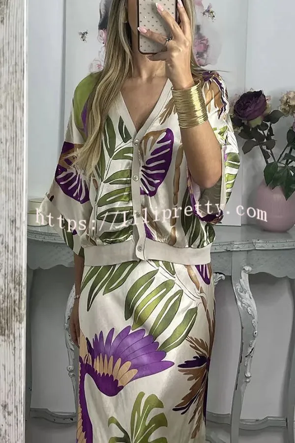 Palm Beach Satin Printed Button Wide Sleeve Shirt and Elastic Waist Maxi Skirt Set