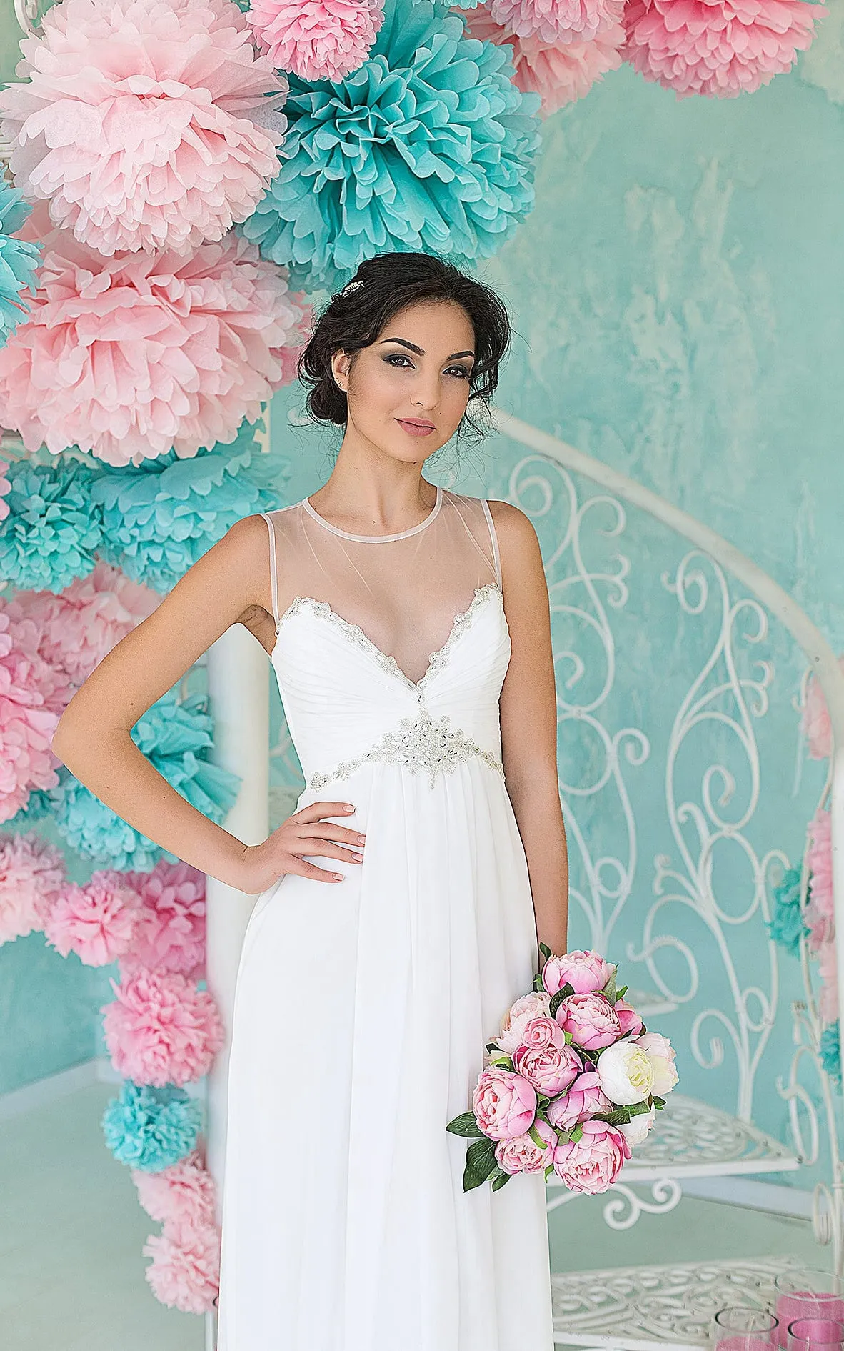 Pencil Floor-Length Scoop Sleeveless Empire Illusion Chiffon Dress With Beading And Ruching