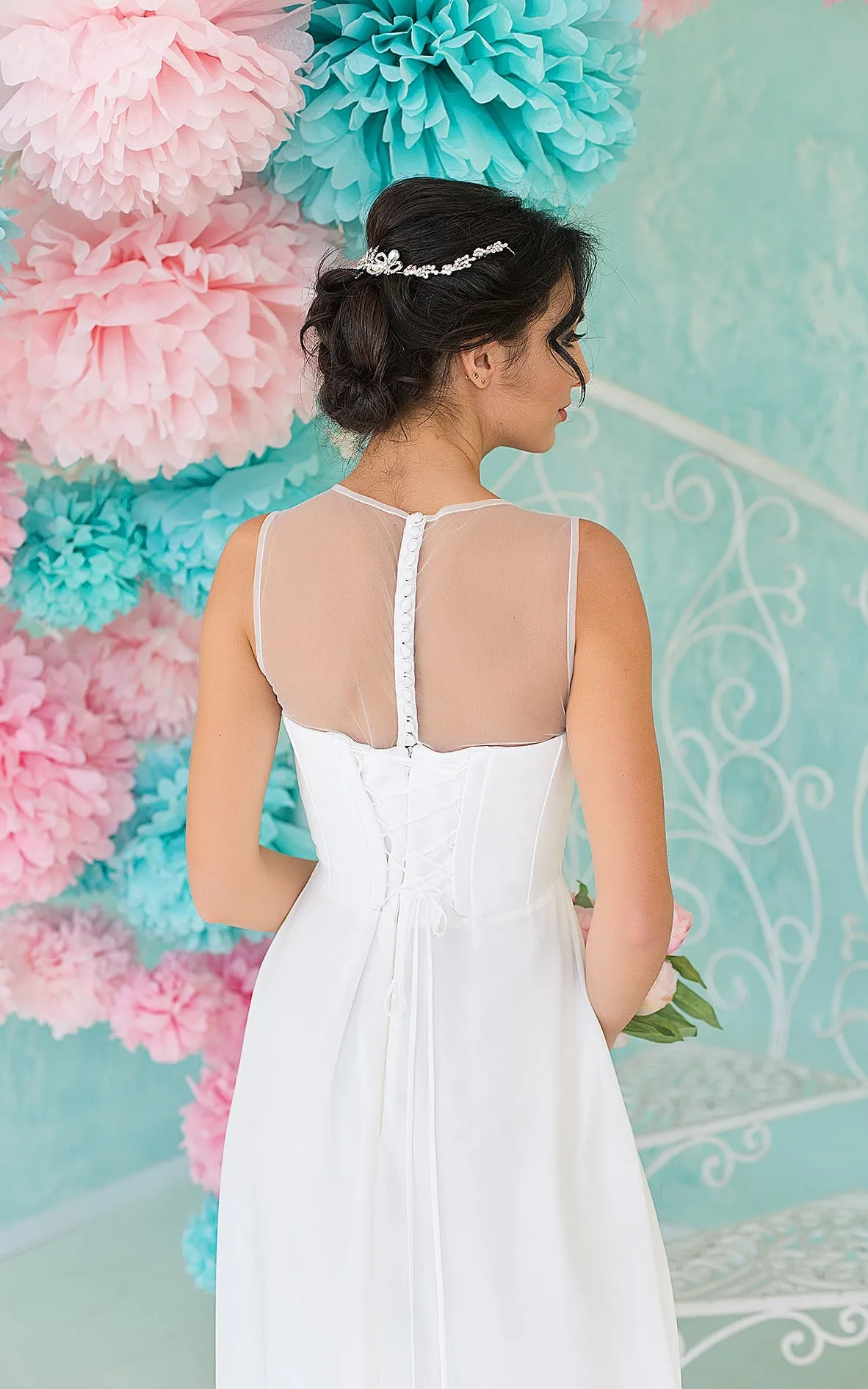 Pencil Floor-Length Scoop Sleeveless Empire Illusion Chiffon Dress With Beading And Ruching