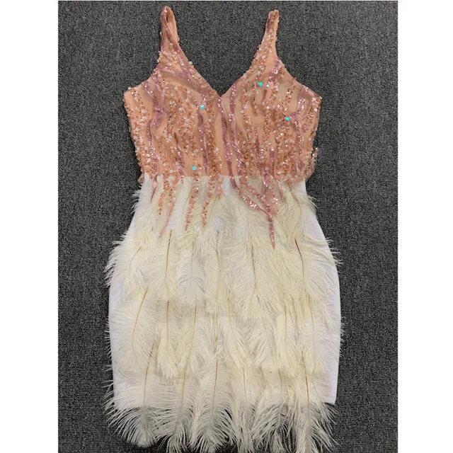 Pink Blue Feathers Rayon Bandage Dress Night Club