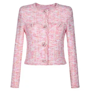 Pink Knit Top Short Skirt Suit Button-Up Cardigan Jacket   Mini Skirt Set