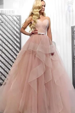 Pink sweetheart tulle long prom dress, tulle evening dress