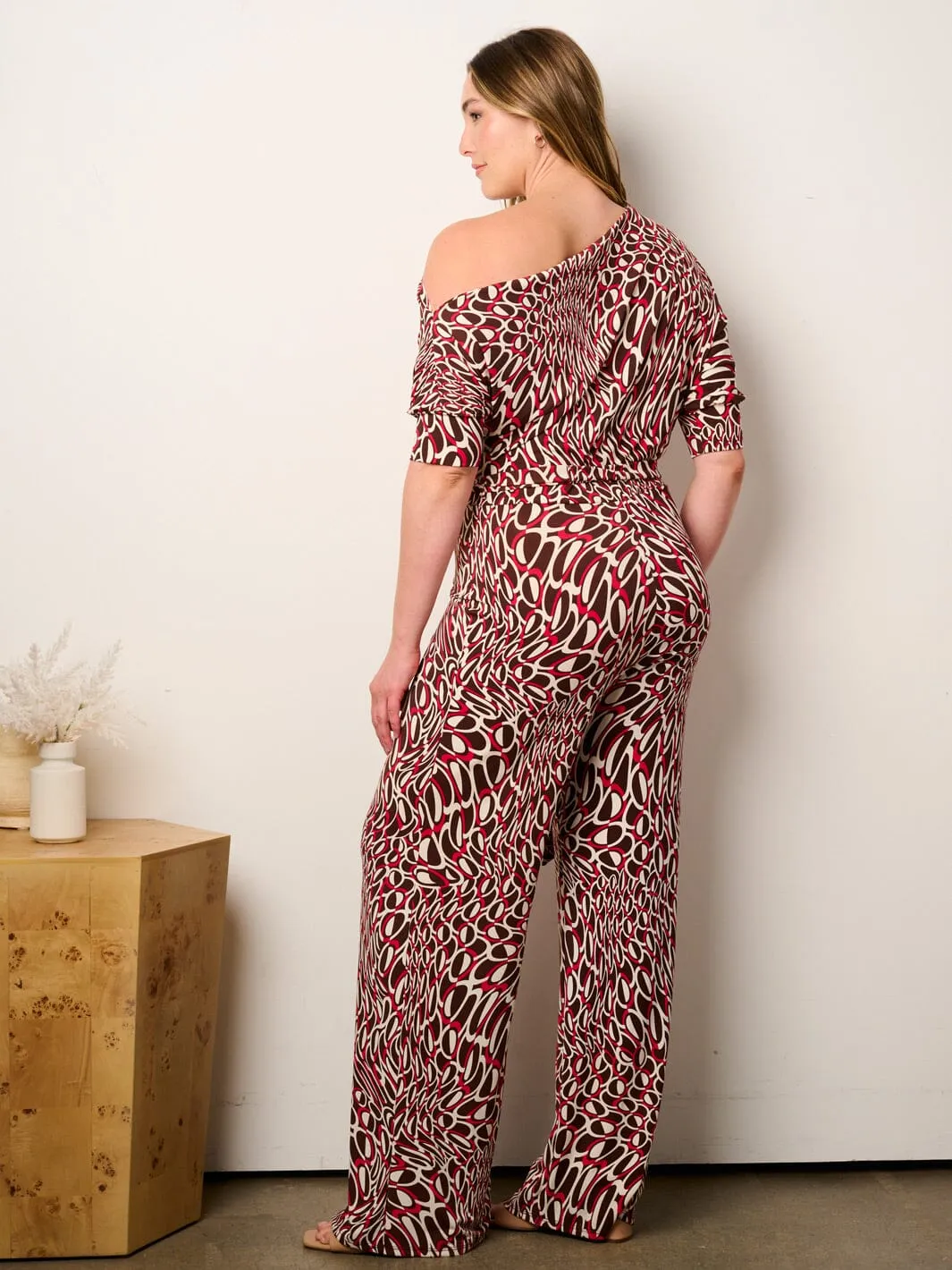 PLUS SIZE OFF SHOULDER SHORT SLEEVE SELF TIE MULTI PRINT WIDE LEG JUMPSUIT