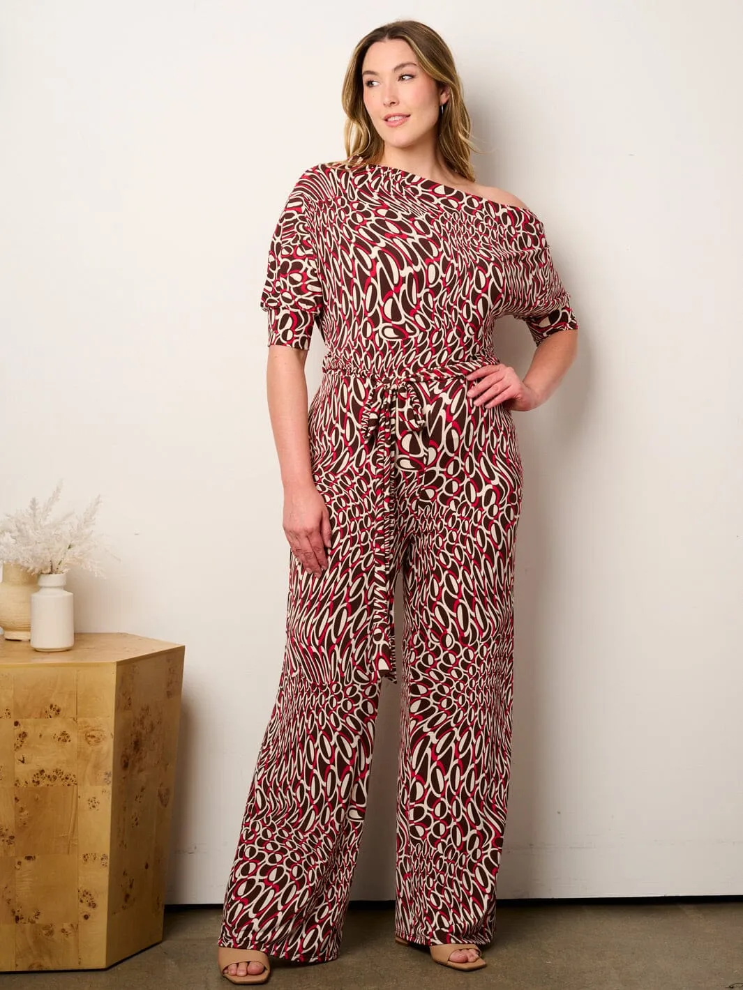 PLUS SIZE OFF SHOULDER SHORT SLEEVE SELF TIE MULTI PRINT WIDE LEG JUMPSUIT