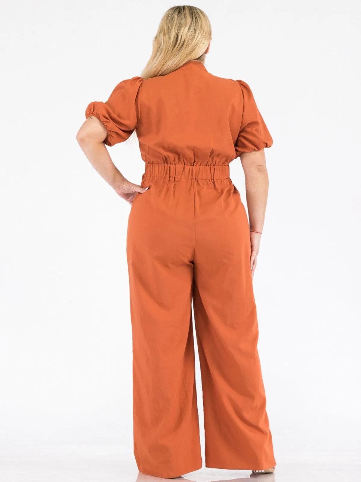 PLUS SIZE SHORT SLEEVE SURPLICE SELF TIE WIDE LEG JUMPSUIT