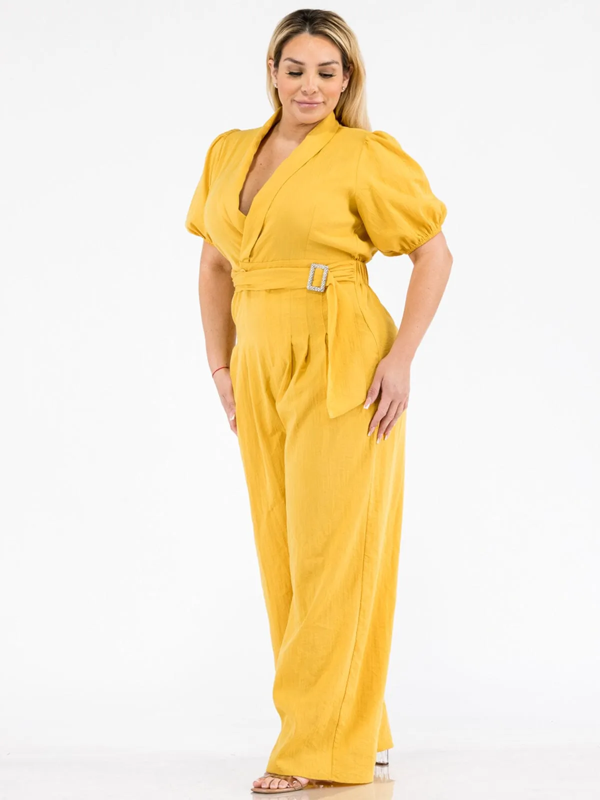 PLUS SIZE SHORT SLEEVE SURPLICE SELF TIE WIDE LEG JUMPSUIT