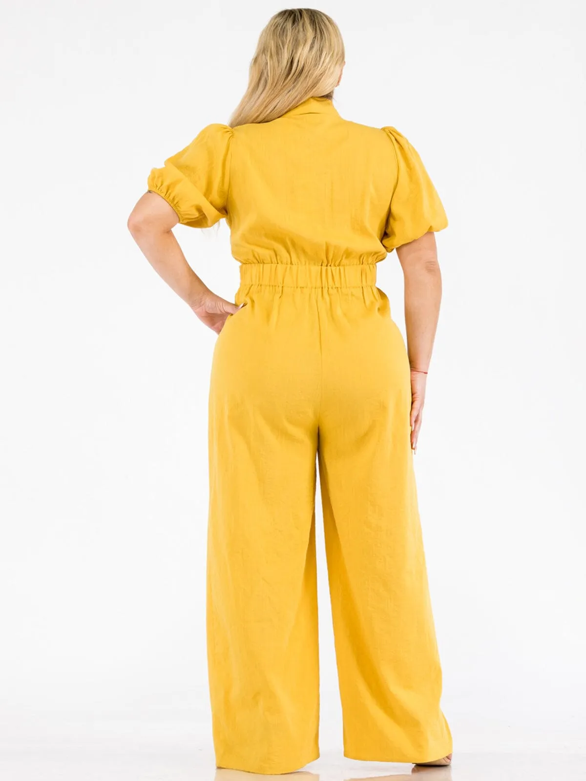 PLUS SIZE SHORT SLEEVE SURPLICE SELF TIE WIDE LEG JUMPSUIT