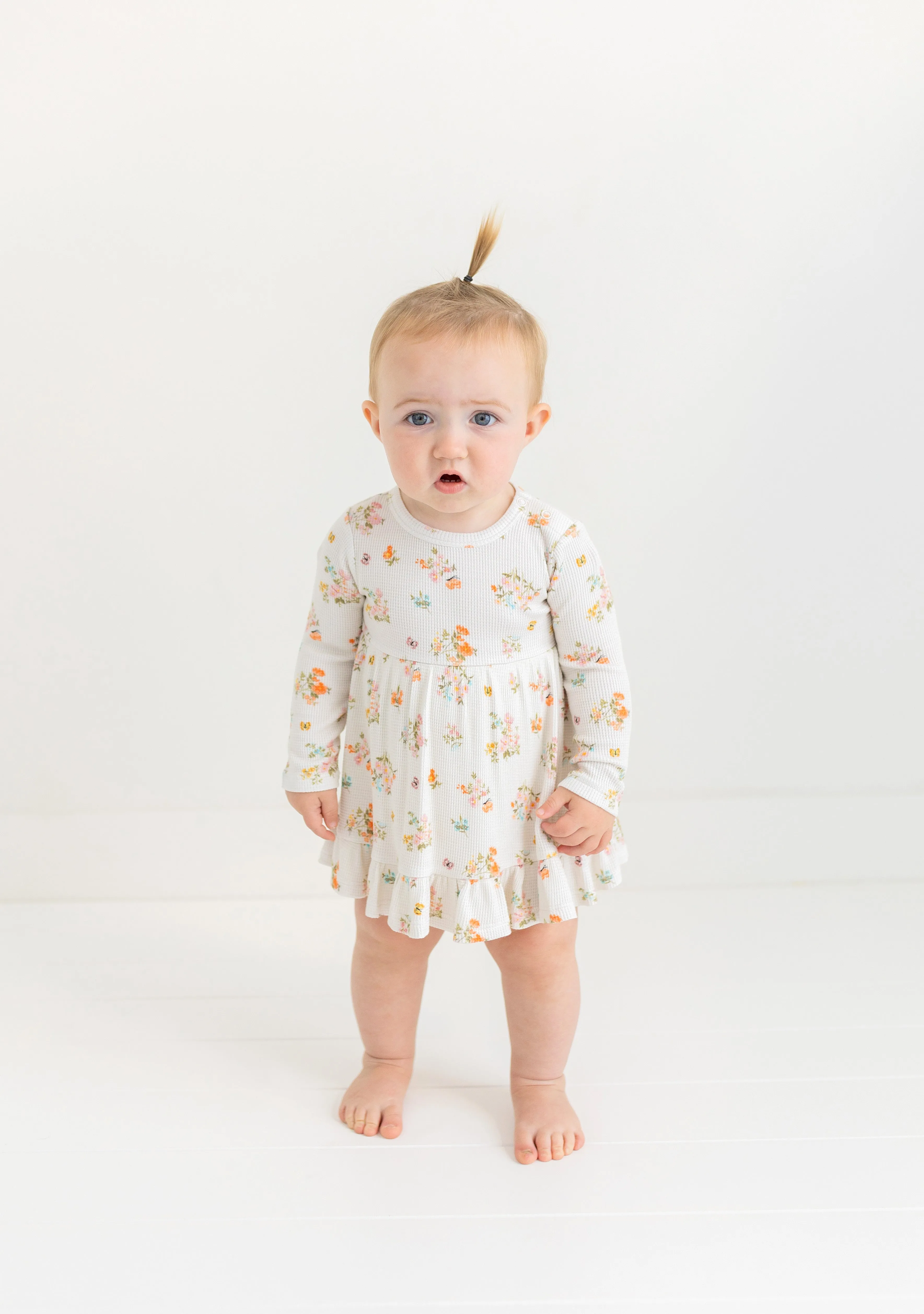 Posh Peanut Long Sleeve Girls Ruffled Bodysuit Dress in Clemence