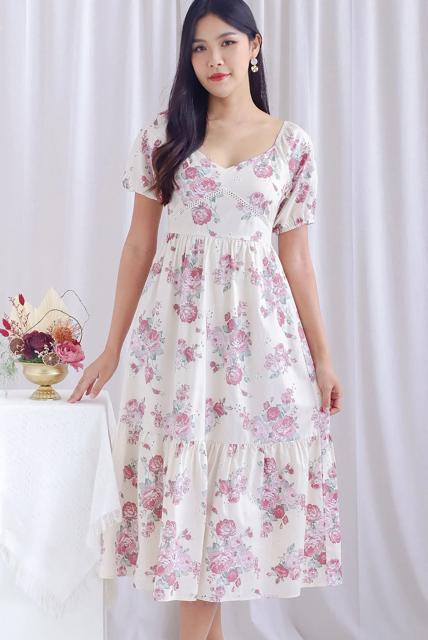 *Premium* TDC Bella Floral Eyelet Crochet Dress In Cream/Pink