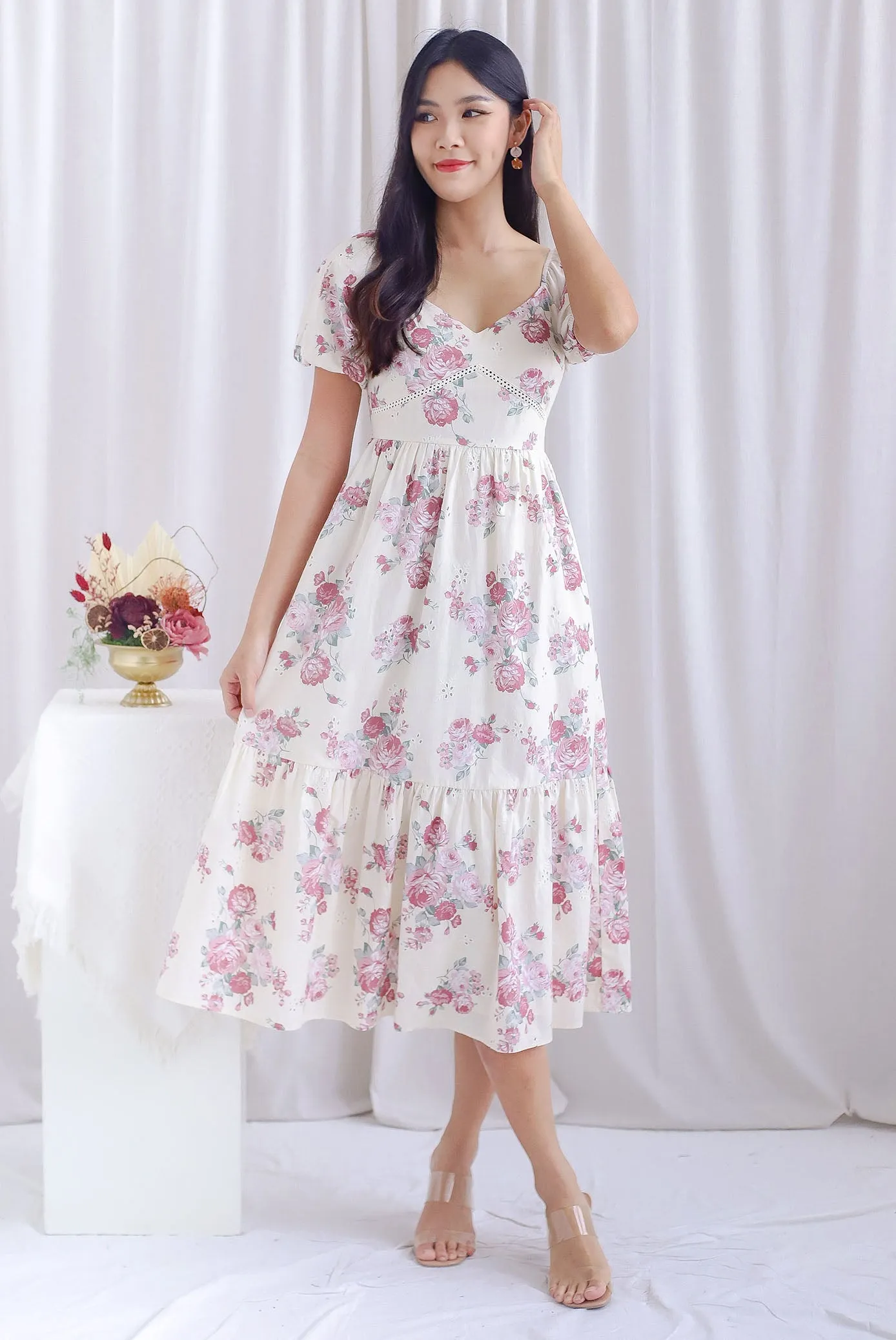 *Premium* TDC Bella Floral Eyelet Crochet Dress In Cream/Pink