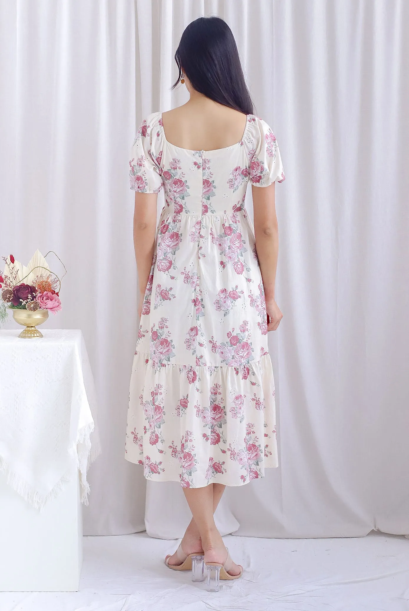 *Premium* TDC Bella Floral Eyelet Crochet Dress In Cream/Pink