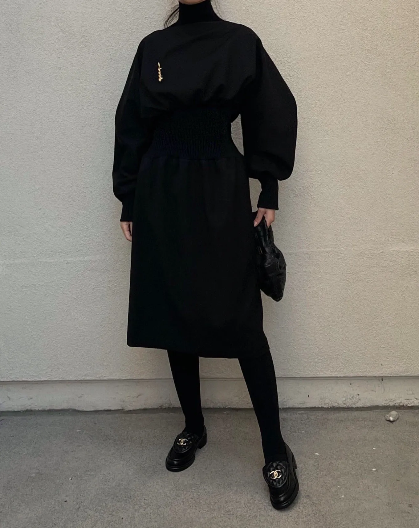 Puff-sleeve Elastic Waist Dress