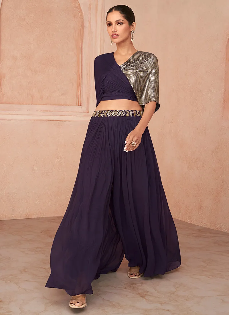 Purple Sequence Embroidery Indo Western Skirt Style Palazzo Suit