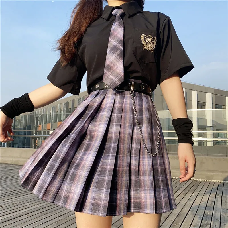 "JK PURPLE BLACK PLAID PLEATED" SKIRT N051903