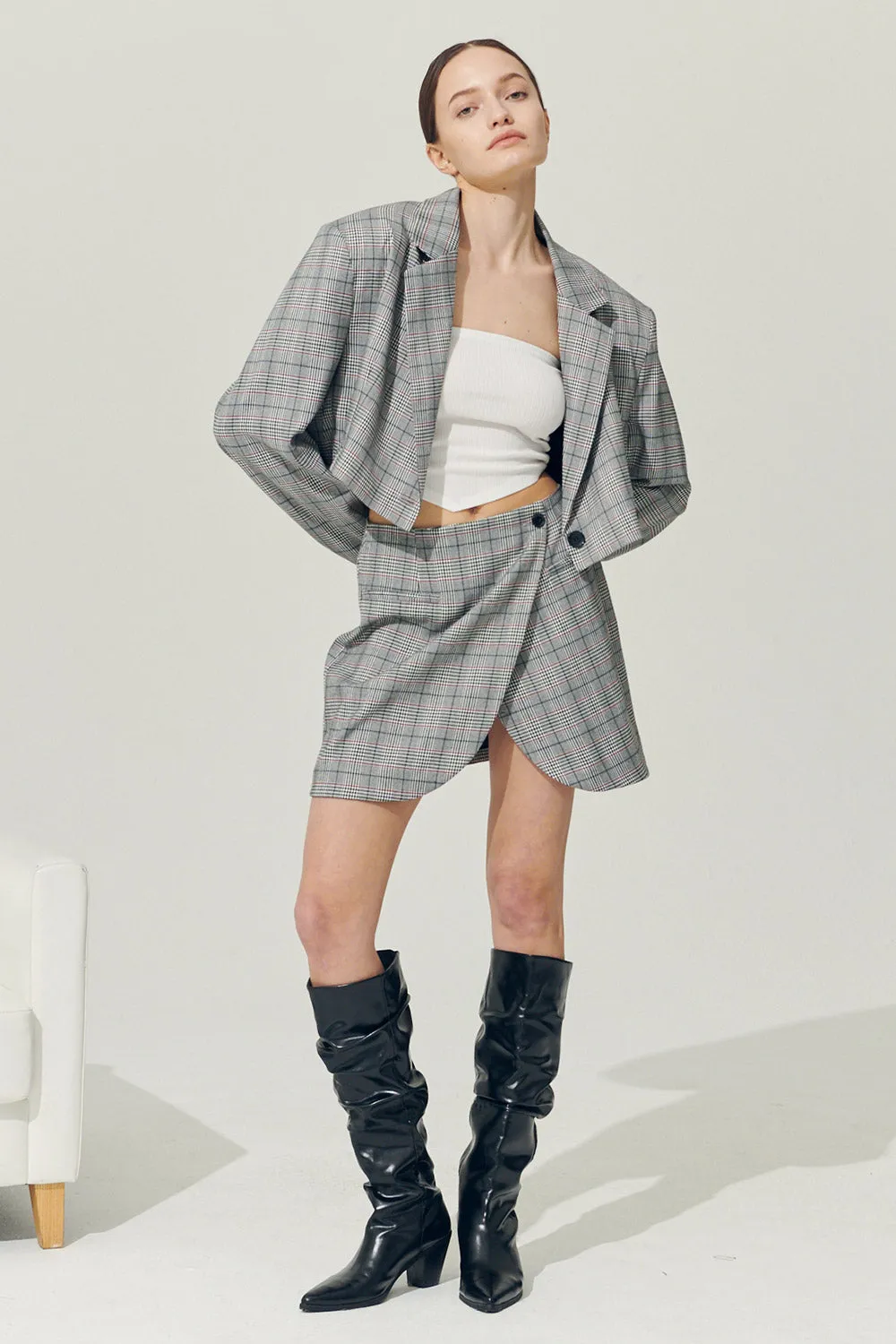 Re:born Eva Tulip Wrap Mini Plaid Skirt