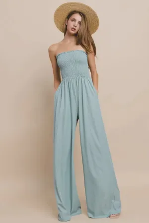 RIBBED KNIT SMOCKED TUBE JUMPSUIT
