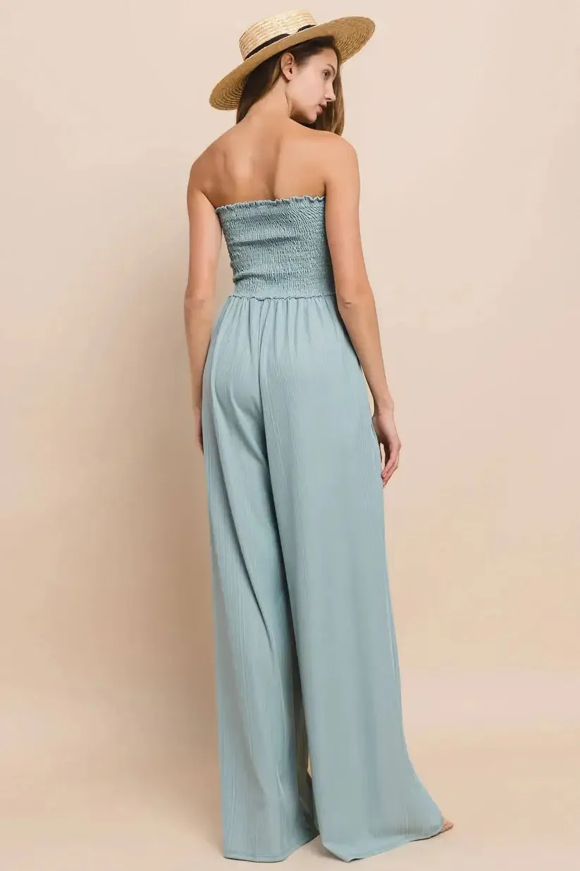 RIBBED KNIT SMOCKED TUBE JUMPSUIT