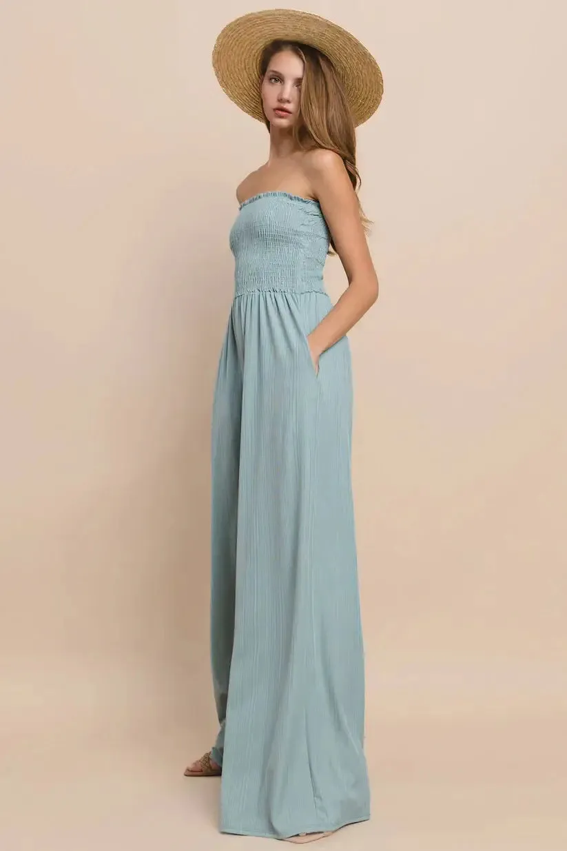 RIBBED KNIT SMOCKED TUBE JUMPSUIT