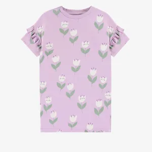 Robe ample lilas à motifs de jolies tulipes en jersey extensible, enfant || Loose-fitting lilac dress with tulip all over print in stretch jersey, child