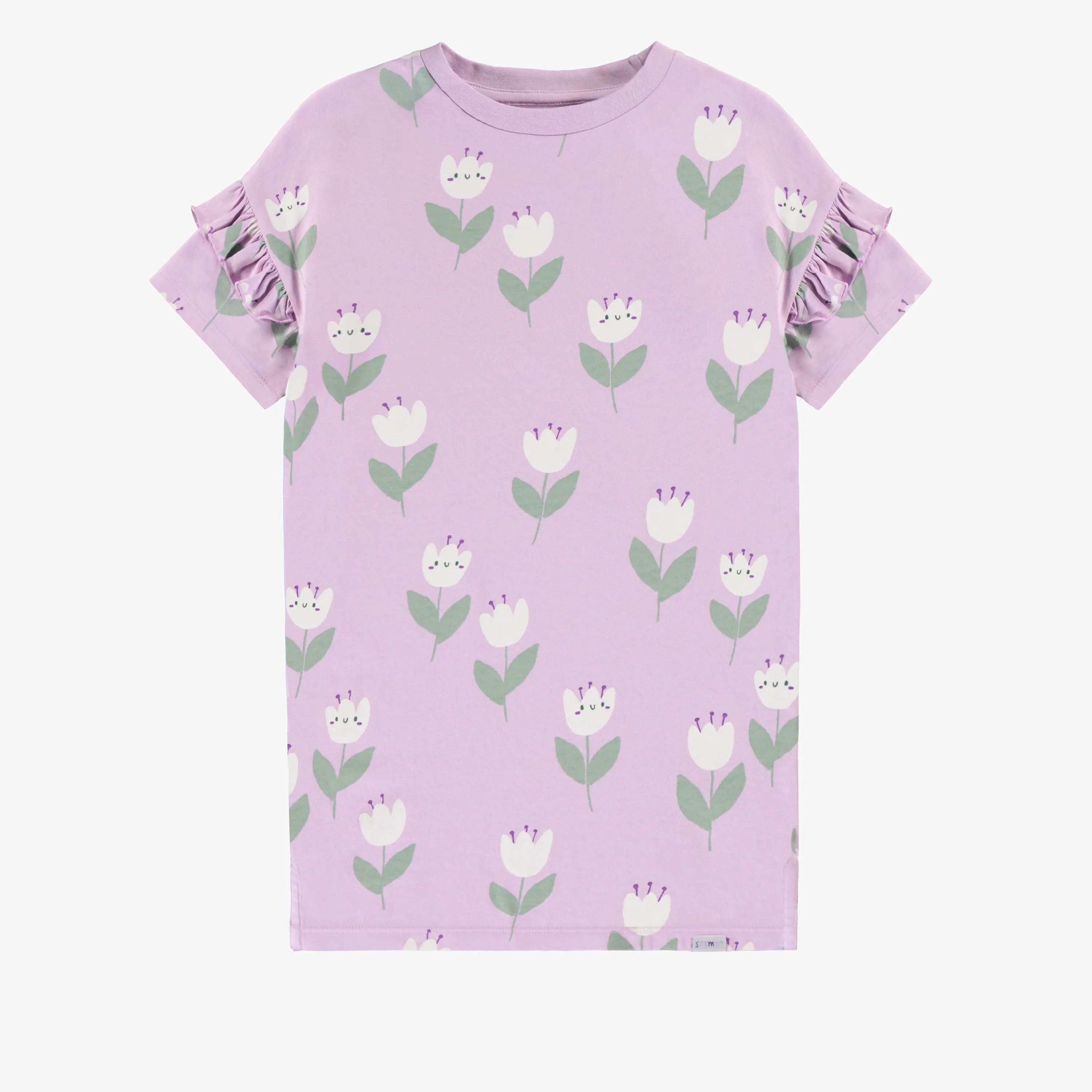Robe ample lilas à motifs de jolies tulipes en jersey extensible, enfant || Loose-fitting lilac dress with tulip all over print in stretch jersey, child