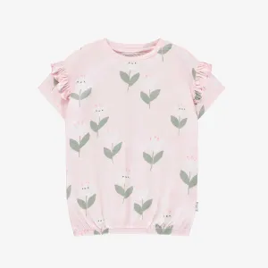 Robe ample rose à motifs de jolies tulipes en jersey extensible, bébé || Loose-fitting pink dress with tulip all over print in stretch jersey, baby